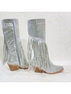 Western Diva Silver Asymmetrical Fringe Rhinestone Glam Cowgirl Boots